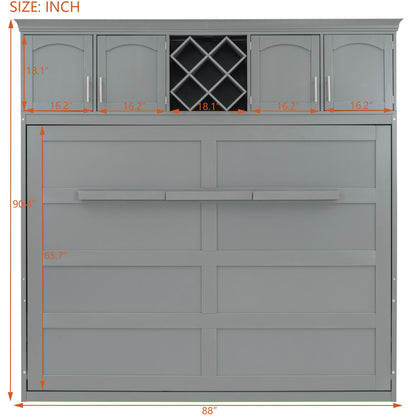 Queen Size Murphy Wall Bed With Top Cabinets & Wine Rack - Gray