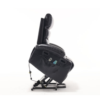 Large Size Electric Power Lift Recliner Chair Sofa, 8 Point Vibration Massage And Lumber Heat, Remote Control, Side Pockets And Cup Holders - Black