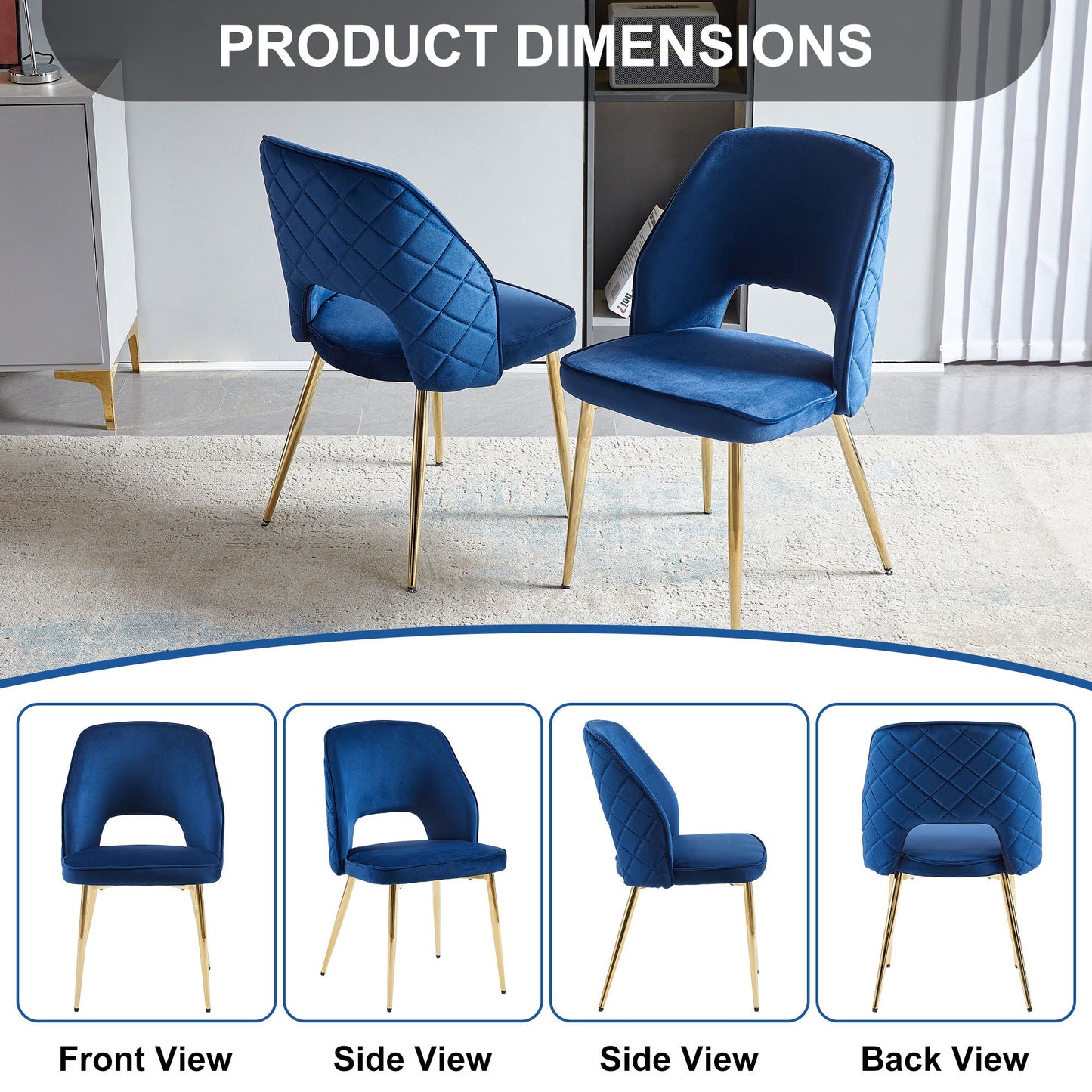 Velvet Dining Chairs With Metal Legs And Hollow Back Upholstered Dining Chairs (Set of 4) - Blue