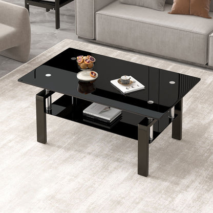 Tempered Black Glass Coffee Table, 2-Layers Tea Table - Black