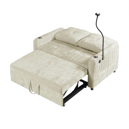 Modern Loveseat Pull Out Sofa Bed With Adjustable Backrest, Two Cup Holders, A Phone Holder, Three Charging Ports And Side Storage Pockets For Living Room - Beige