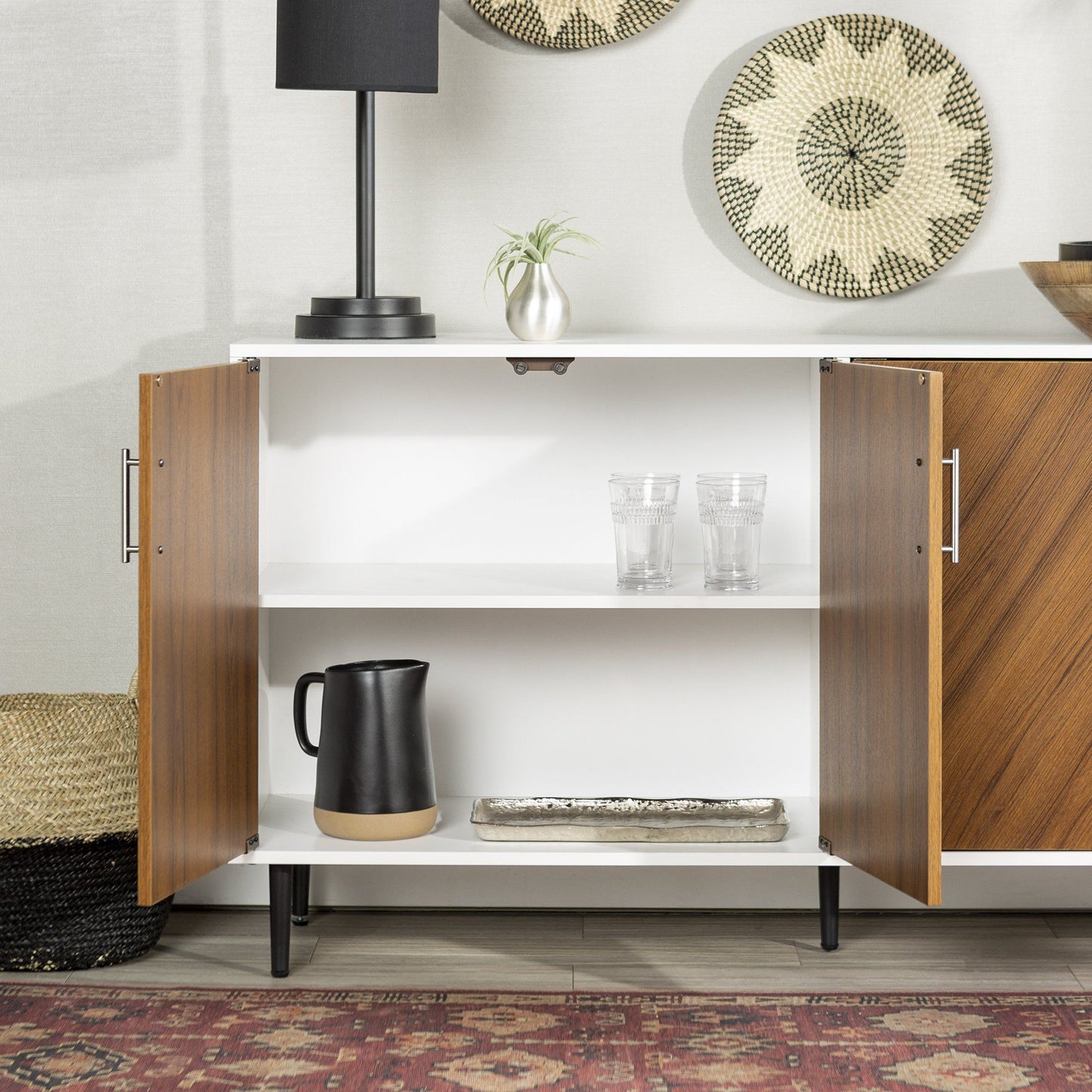 Mid-Century Modern Faux Bookmatch Door Buffet - White / Teak
