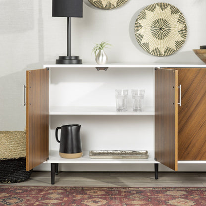 Mid-Century Modern Faux Bookmatch Door Buffet - White / Teak