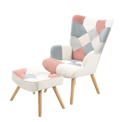 Accent Chair With Ottoman, Living Room Chair And Ottoman Set, Comfy Side Armchair For Bedroom, Creative Splicing Cloth Surface - Pink