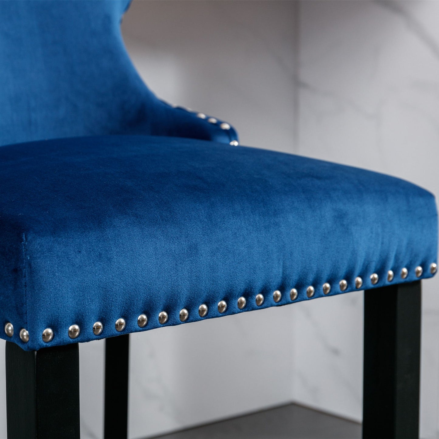 Contemporary Velvet Upholstered Wing-Back Barstools With Button Tufted Decoration And Wooden Legs, And Chrome Nailhead Trim, Leisure Style Bar Chairs, Bar Stools (Set of 4) - Blue