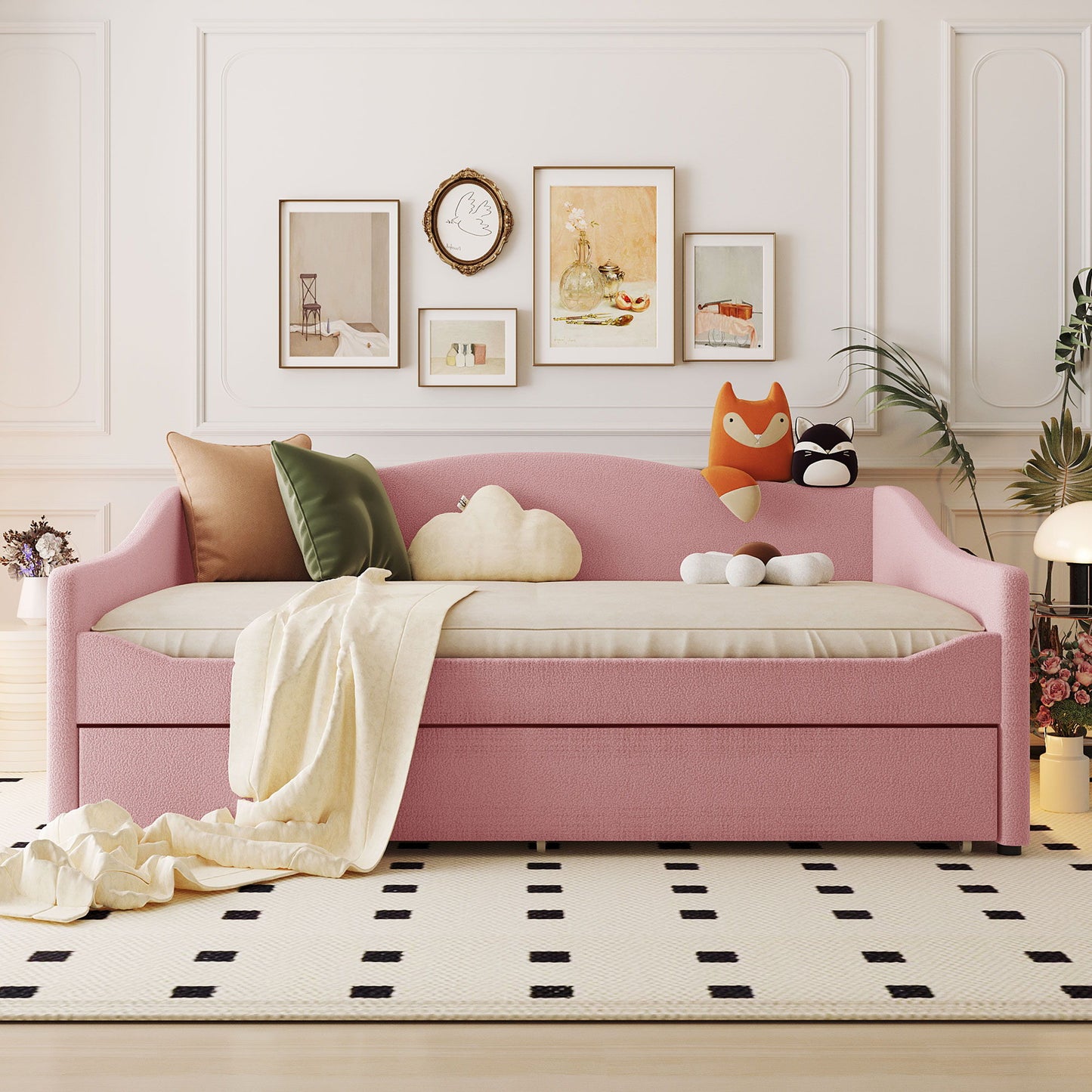 Full Size Upholstered Daybed With Light And Trundle - Pink