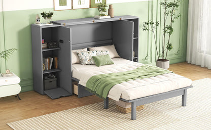 Queen Size Murphy Bed With Shelves, Drawers And USB Ports - Gray