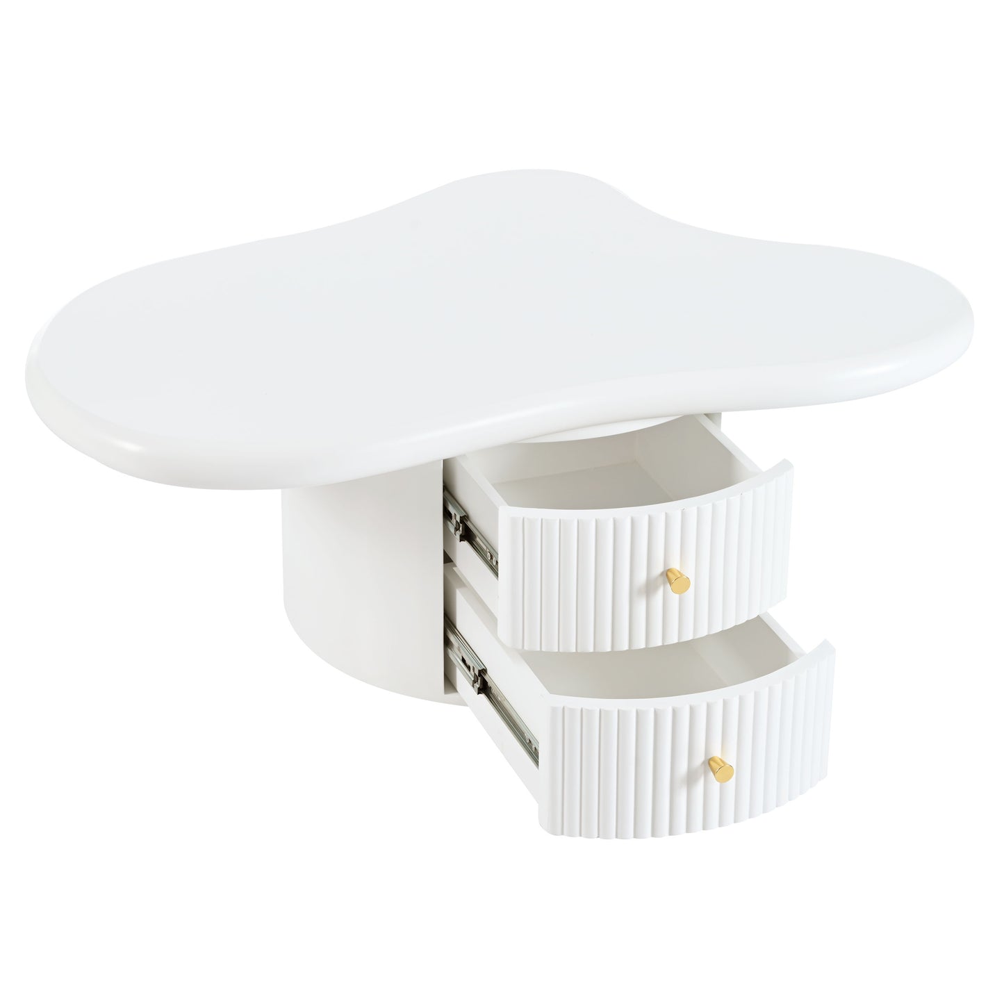 Cloud - Coffee Table (Set of 3), Irregular Shape Coffee Table With 2 Drawers, 2 Small Stools For Living Room - White