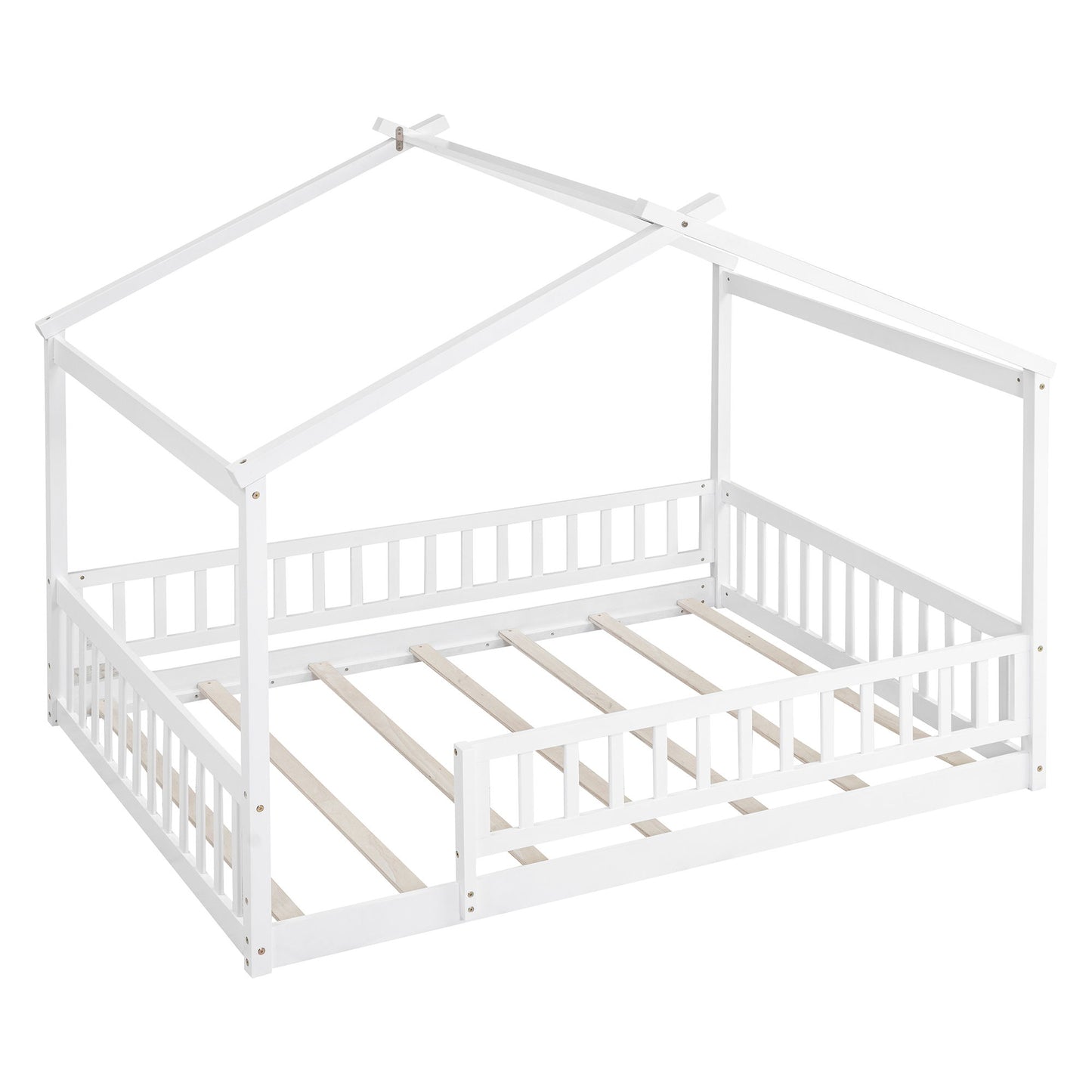 Full Size Bed House Bed Frame & Fence - White
