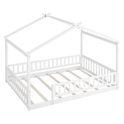 Full Size Bed House Bed Frame & Fence - White