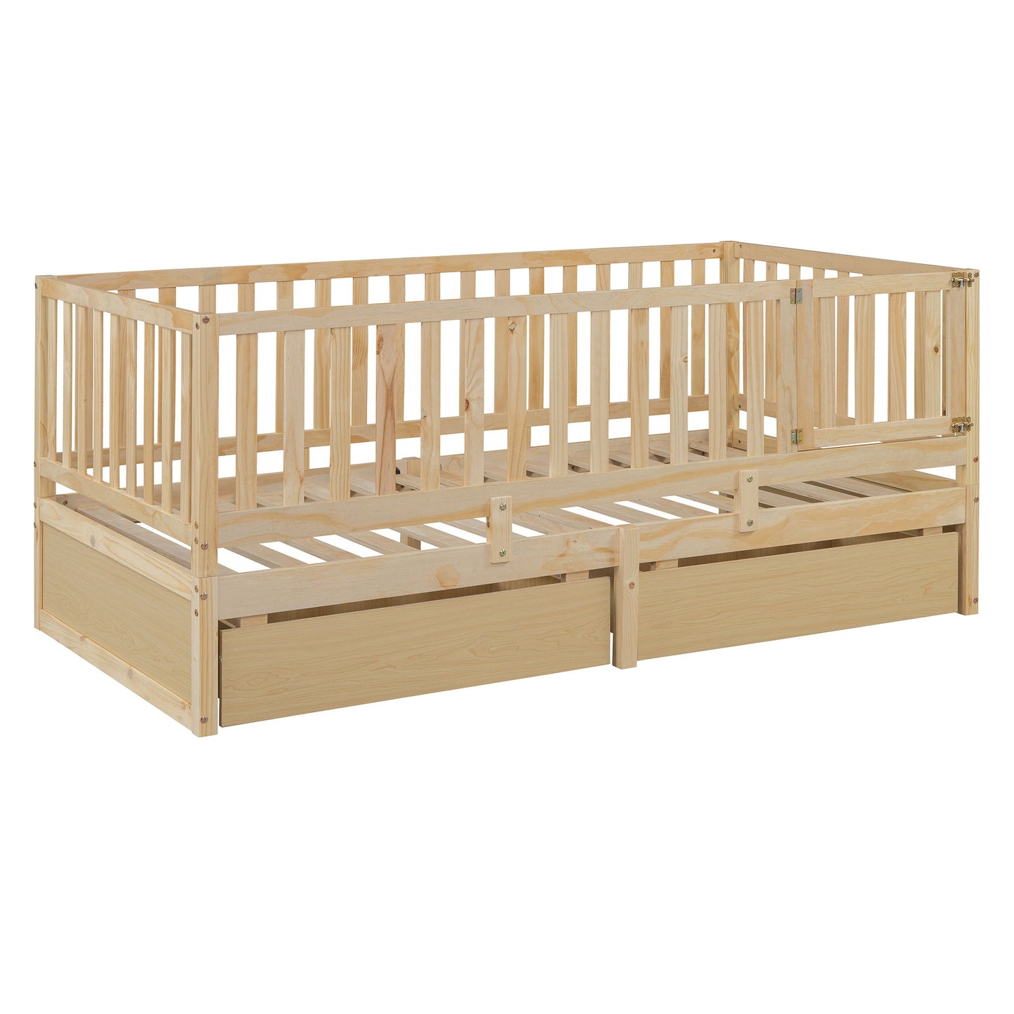Twin Size Daybed With Fence Guardrails And 2 Drawers, Versatile Split Floor Bed & Daybed - Natural