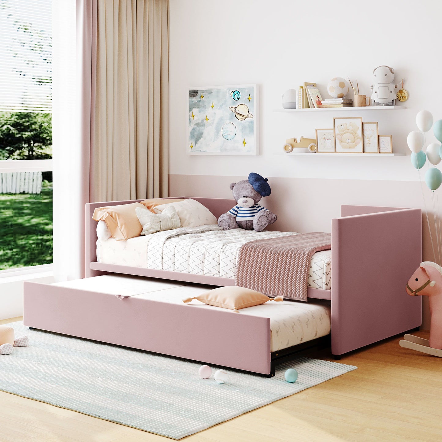 Twin Size Upholstered Daybed With Pop Up Trundle - Pink