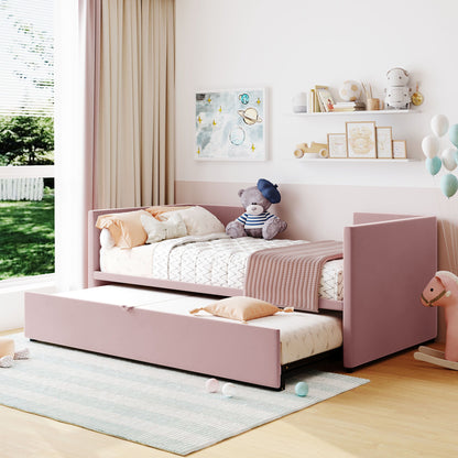 Twin Size Upholstered Daybed With Pop Up Trundle - Pink