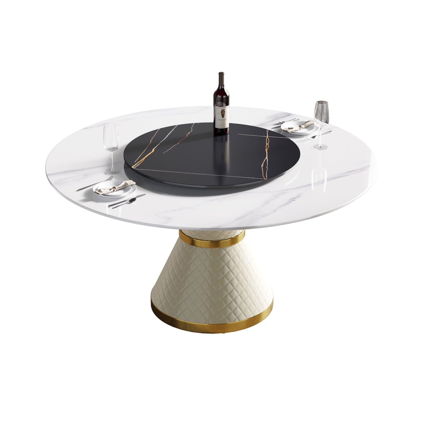 59.05" Modern Artificial Stone Round Carbon Steel Base Dining Table, Black Artificial Stone Turntable - White