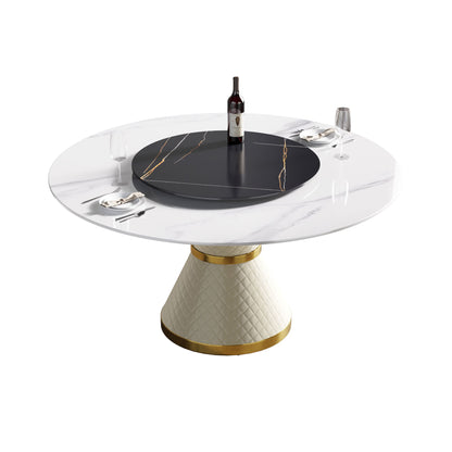 59.05" Modern Artificial Stone Round Carbon Steel Base Dining Table, Black Artificial Stone Turntable - White