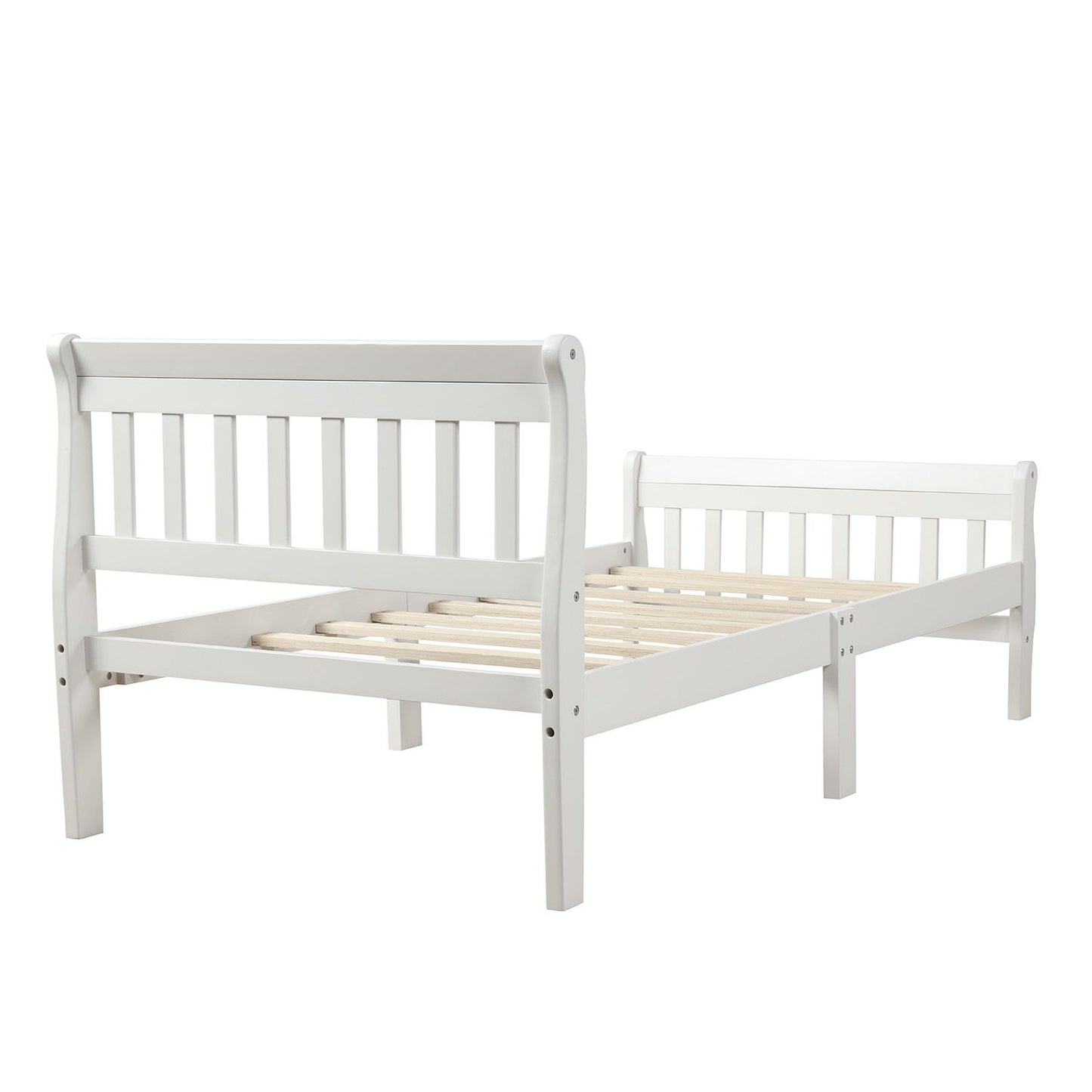 Twin Platform Bed, Mattress Foundation Sleigh Bed With Headboard, Footboard, Slat Support - White