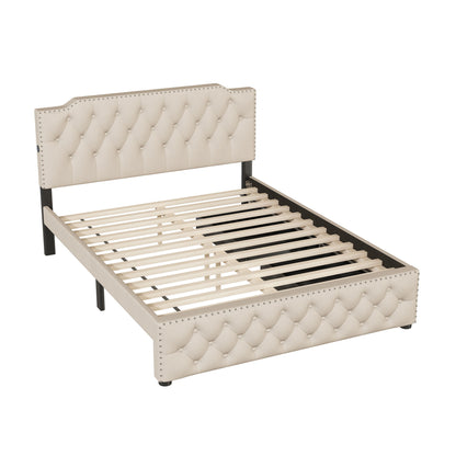 Queen Size Upholstered Platform Bed With 2 Drawers And 2 Sets Of USB Ports On Each Side - Beige