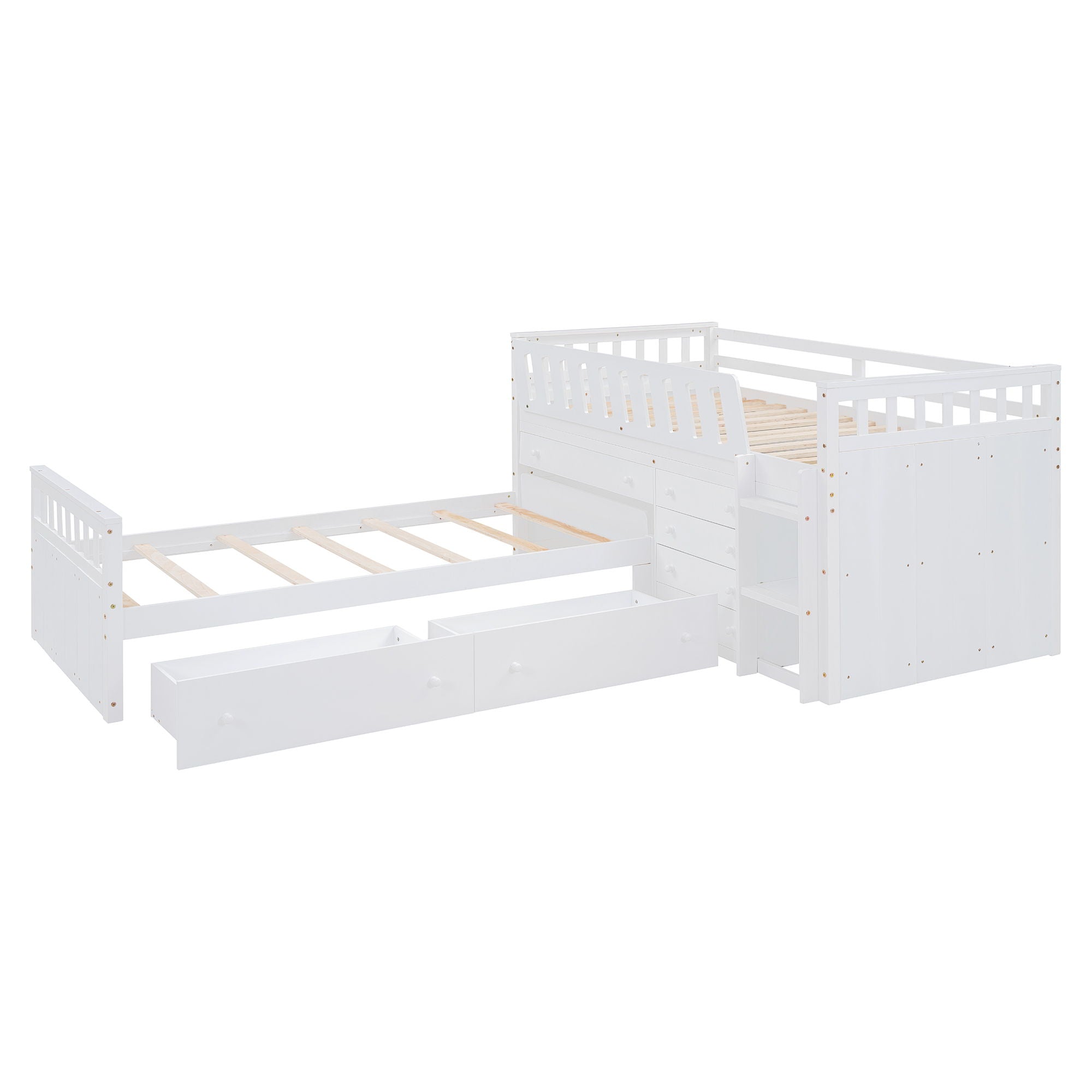 Twin Loft And Platform Bed With 7 Drawers And Full Guardrails, Modern L Shaped Space Savin - White
