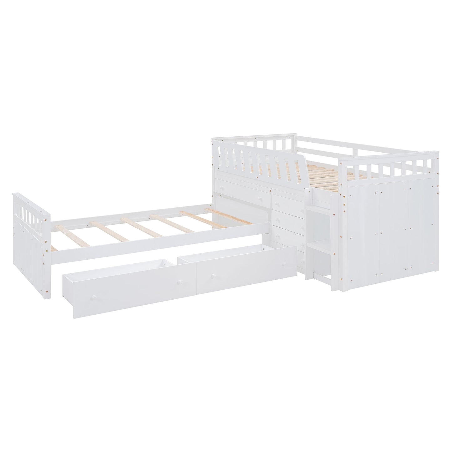 Twin Loft And Platform Bed With 7 Drawers And Full Guardrails, Modern L Shaped Space Savin - White