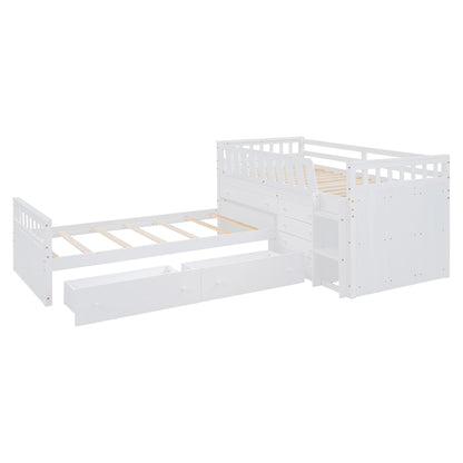 Twin Loft And Platform Bed With 7 Drawers And Full Guardrails, Modern L Shaped Space Savin - White