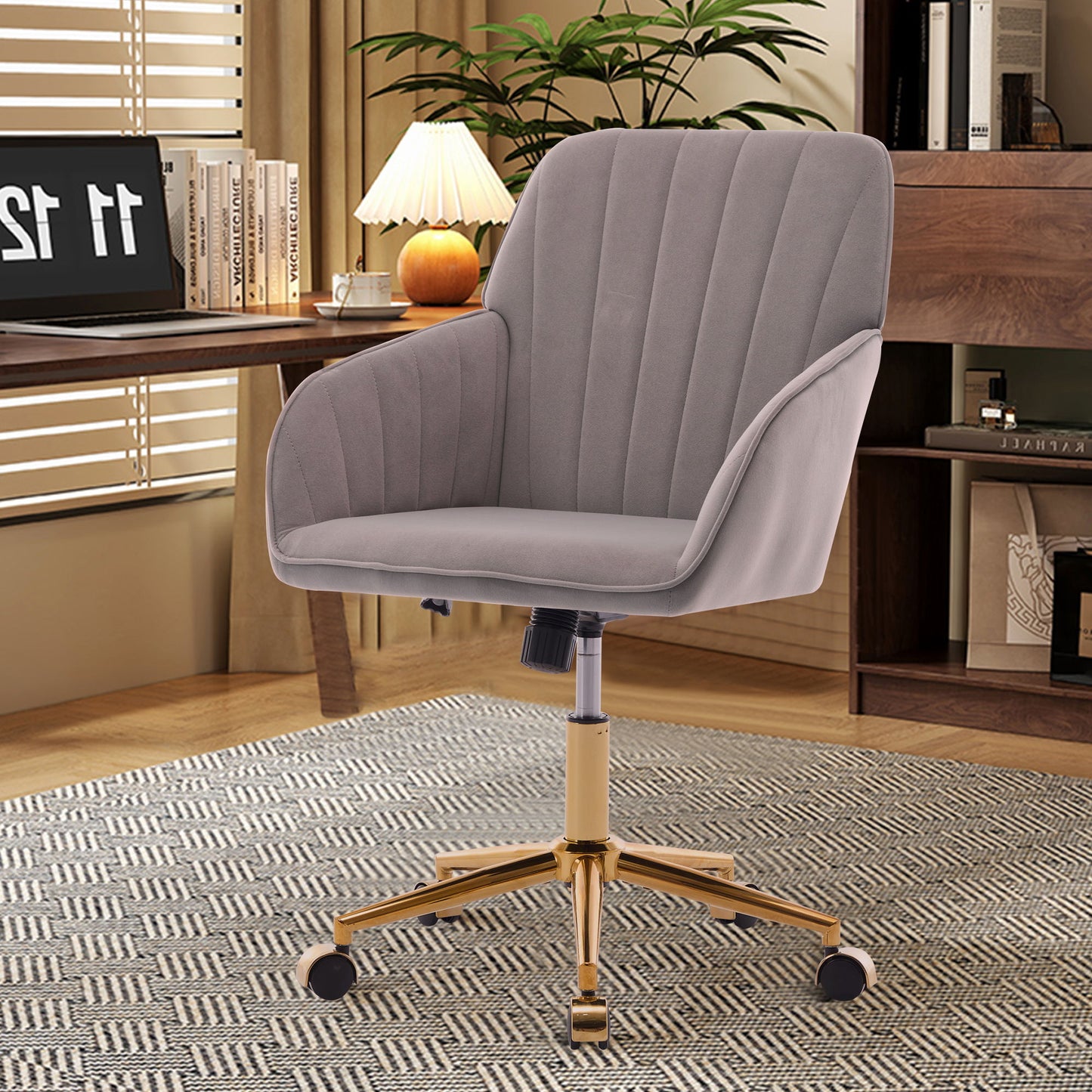 Adjustable Office Chair, Ergonomic Swivel Chair Velvet, Comfortable For Long Sitting - Gray