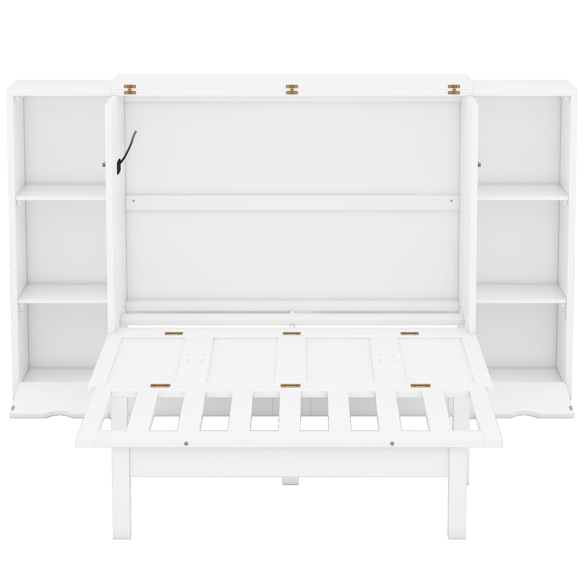 Queen Size Murphy Bed With Shelves, Drawers And USB Ports - White