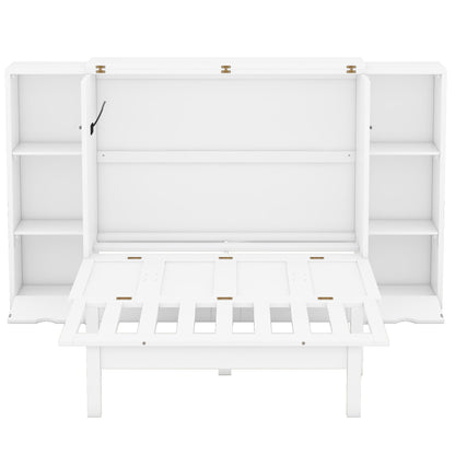Queen Size Murphy Bed With Shelves, Drawers And USB Ports - White