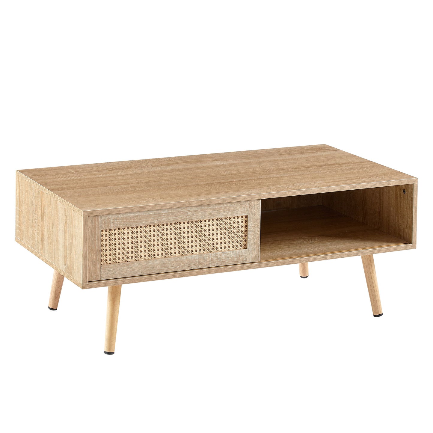 41.34" Rattan Coffee Table, Sliding Door For Storage, Solid Wood Legs, Modern Table For Living Room - Natural