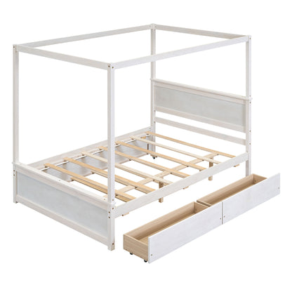 Full Size Canopy Platform Bed With Trundle Bed And 2 Drawers, Support Slats, No Box Spring Needed - Brushed White