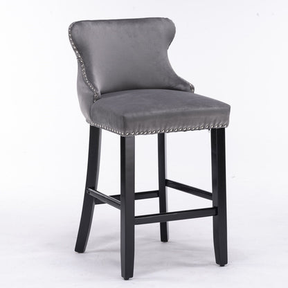 Contemporary Velvet Upholstered Wing-Back Barstools With Button Tufted Decoration And Wooden Legs, And Chrome Nailhead Trim, Leisure Style Bar Chairs, Bar Stools (Set of 4) - Gray