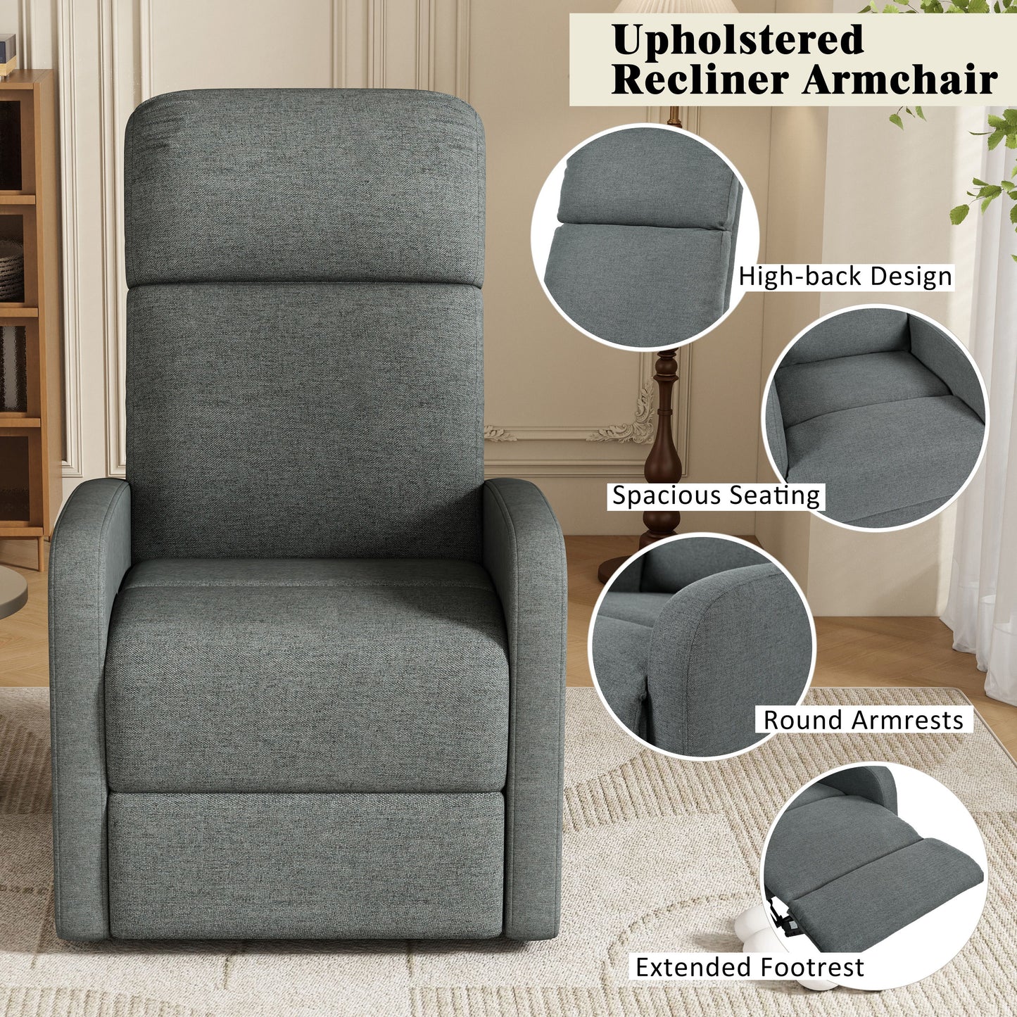 Modern Manual Recliner, Home Theater Chair With Adjustable Backrest For Living Room - Charcoal