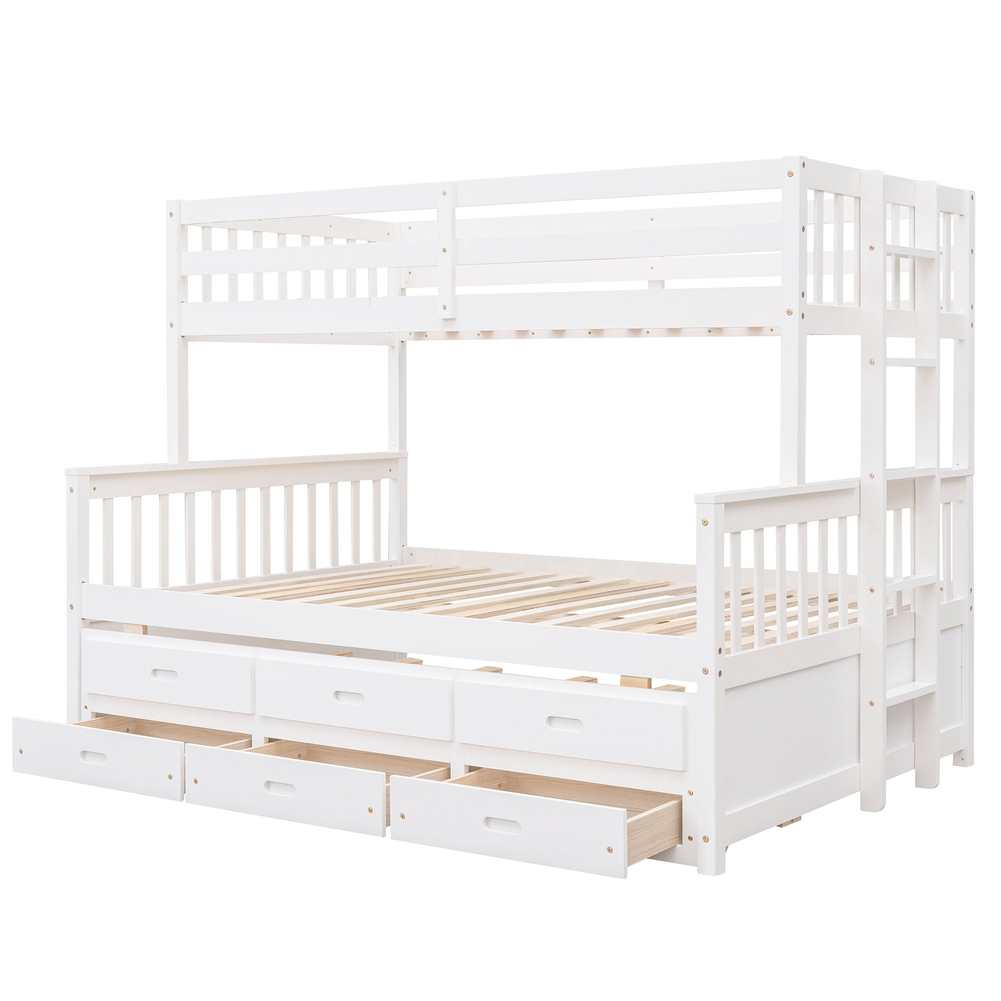 Twin Over Full Bunk Bed With Twin Size Trundle, With Drawers For Bedroom - White