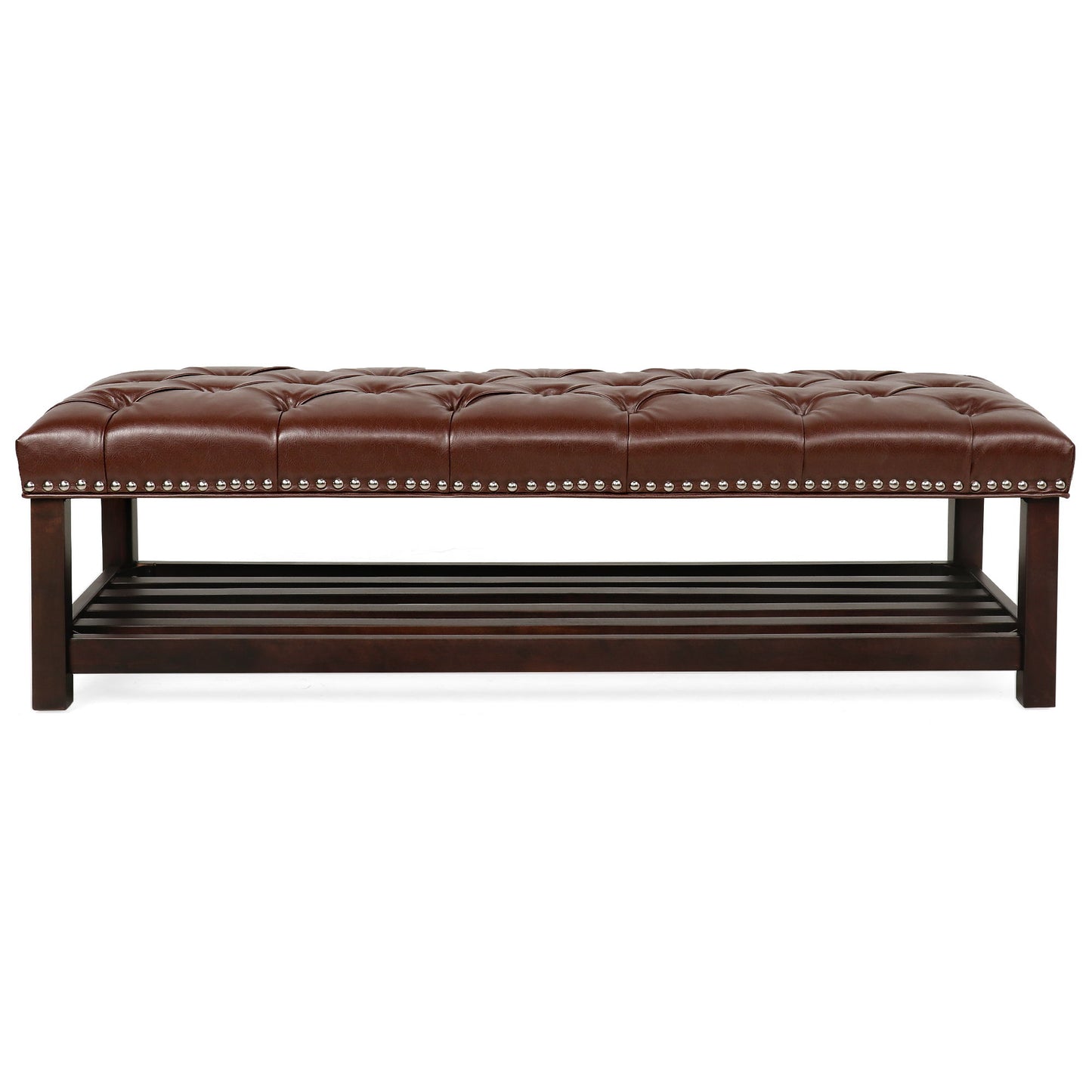 Bedroom End Of Bed Bench Tufted Upholstered End Of Bed Bench End Of Bed Entrance Shoe Bench, 60" With Nailhead Trim And Shelf Bedroom Upholstered Leather Bench Living Room Shoe Rack Footstool - Dark Brown