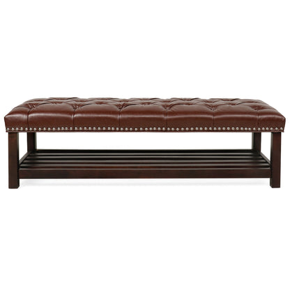 Bedroom End Of Bed Bench Tufted Upholstered End Of Bed Bench End Of Bed Entrance Shoe Bench, 60" With Nailhead Trim And Shelf Bedroom Upholstered Leather Bench Living Room Shoe Rack Footstool - Dark Brown
