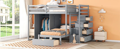 Full Over Twin Bunk Bed With Wardrobe, Drawers - Gray