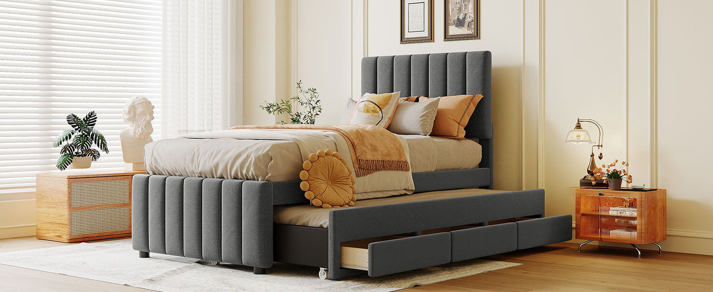 Twin Size Upholstered Platform Bed With Trundle And 3 Drawers - Gray