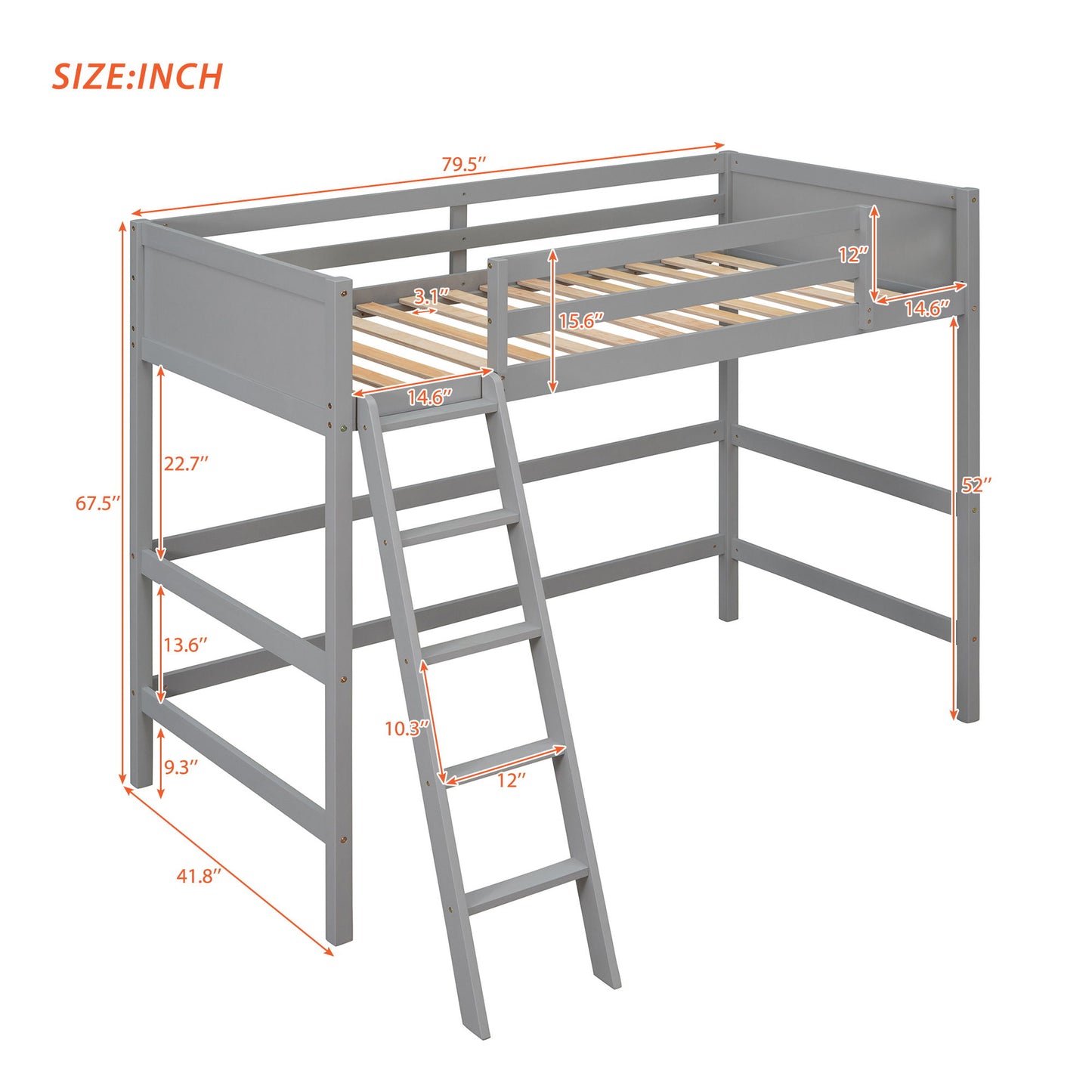 Twin Size Loft Bed With Ladder - Gray