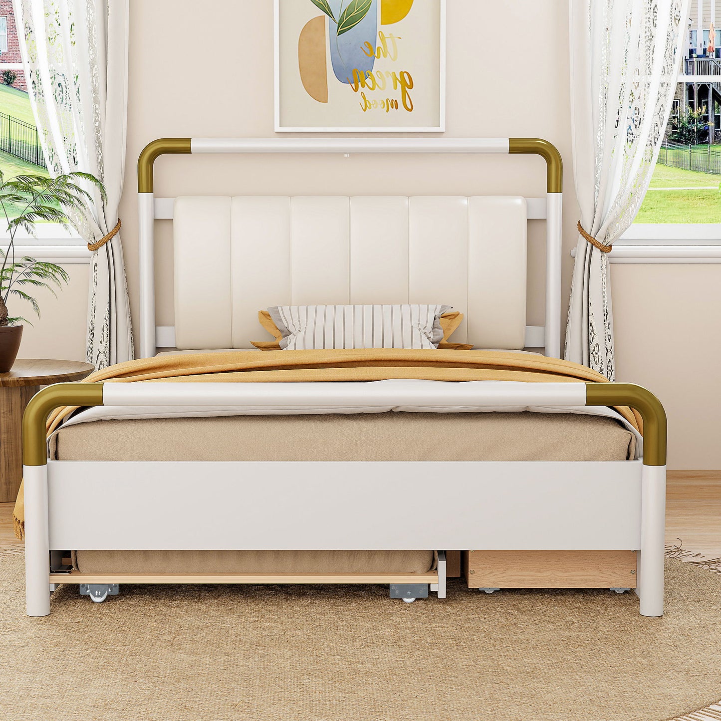Queen Size Storage Platform Bed, With 2 Big Drawers, Twin Long Size Trundle - White