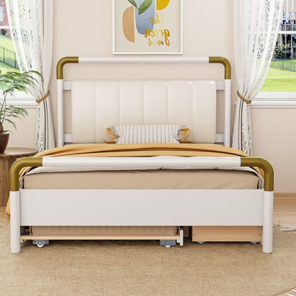 Queen Size Storage Platform Bed, With 2 Big Drawers, Twin Long Size Trundle - White