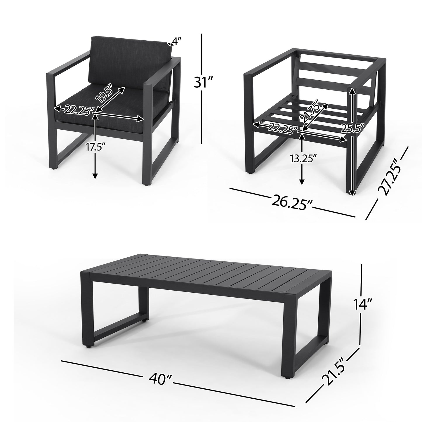 4 Piece Outdoor Chair Set With Weather Resistant Cushion - Dark Gray