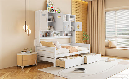 Twin Size Daybed With 2 Drawers And All In One Cabinet And Shelf - White