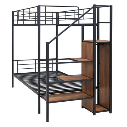 Twin Over Twin Metal Bunk Bed With Lateral Storage Ladder And Wardrobe - Black