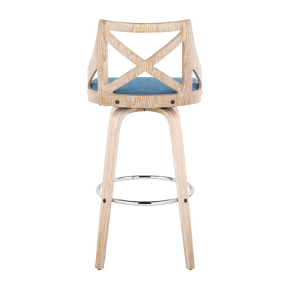 Charlotte - Farmhouse Fixed Height Counter Stool With Swivel And Round Footrest (Set of 2) - Blue / White Washed