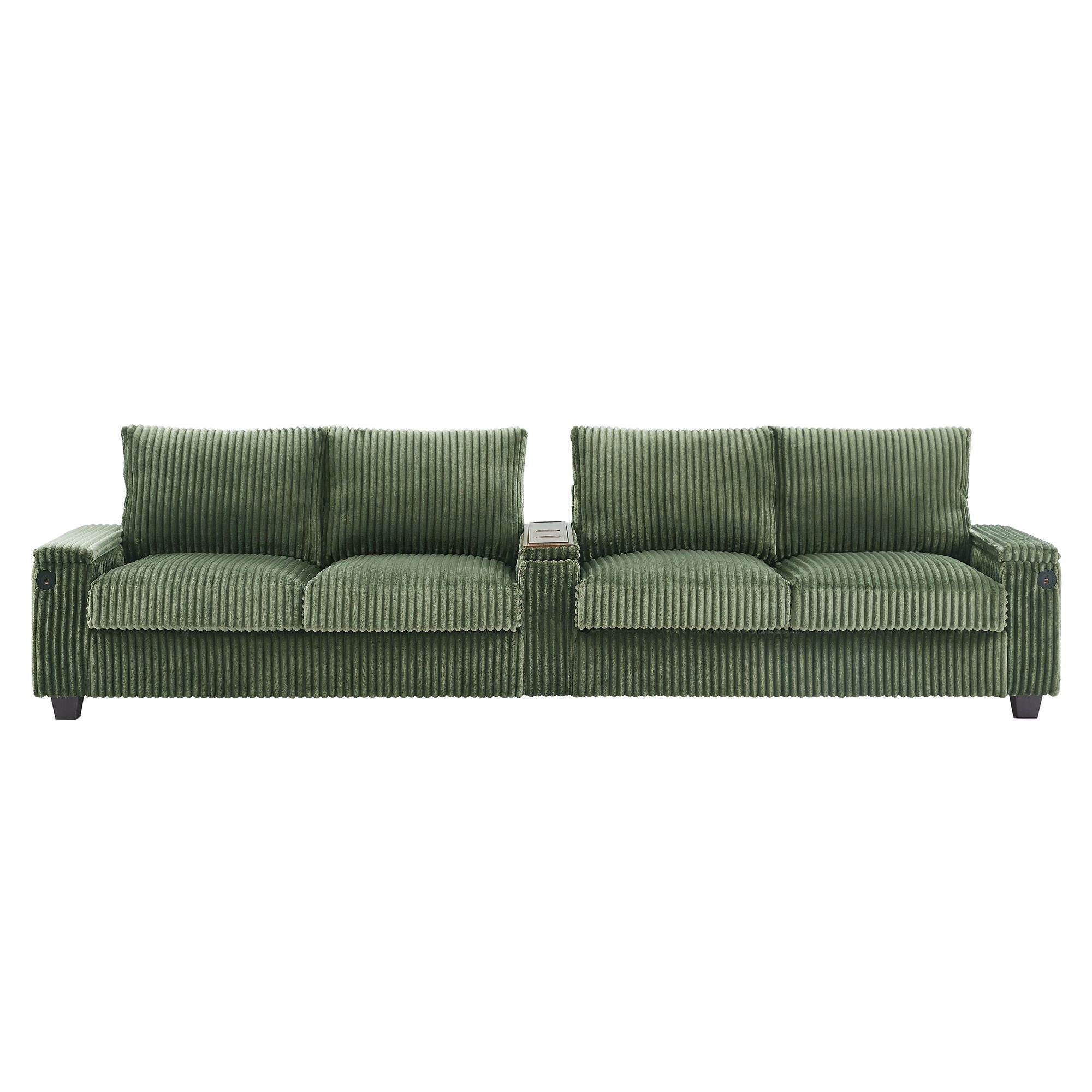 Modern 4 Seater Corduroy Sofa With USB Ports, Hidden Storage Arms, Flip Top Cup Holders - Green