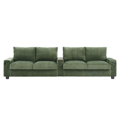 Modern 4 Seater Corduroy Sofa With USB Ports, Hidden Storage Arms, Flip Top Cup Holders - Green