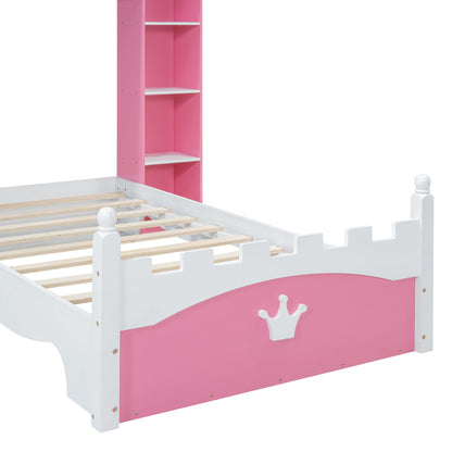 Castle Shaped Bed With Storage Shelf, Dreamy Twin Size Platform Bed For Kids Bedroom - Pink / White
