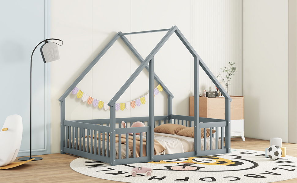 Full Wood House-Shaped Floor Bed With Fence, Guardrails - Gray