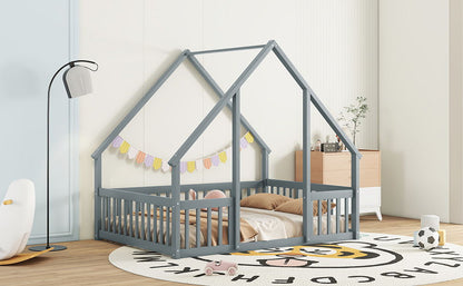 Full Wood House-Shaped Floor Bed With Fence, Guardrails - Gray