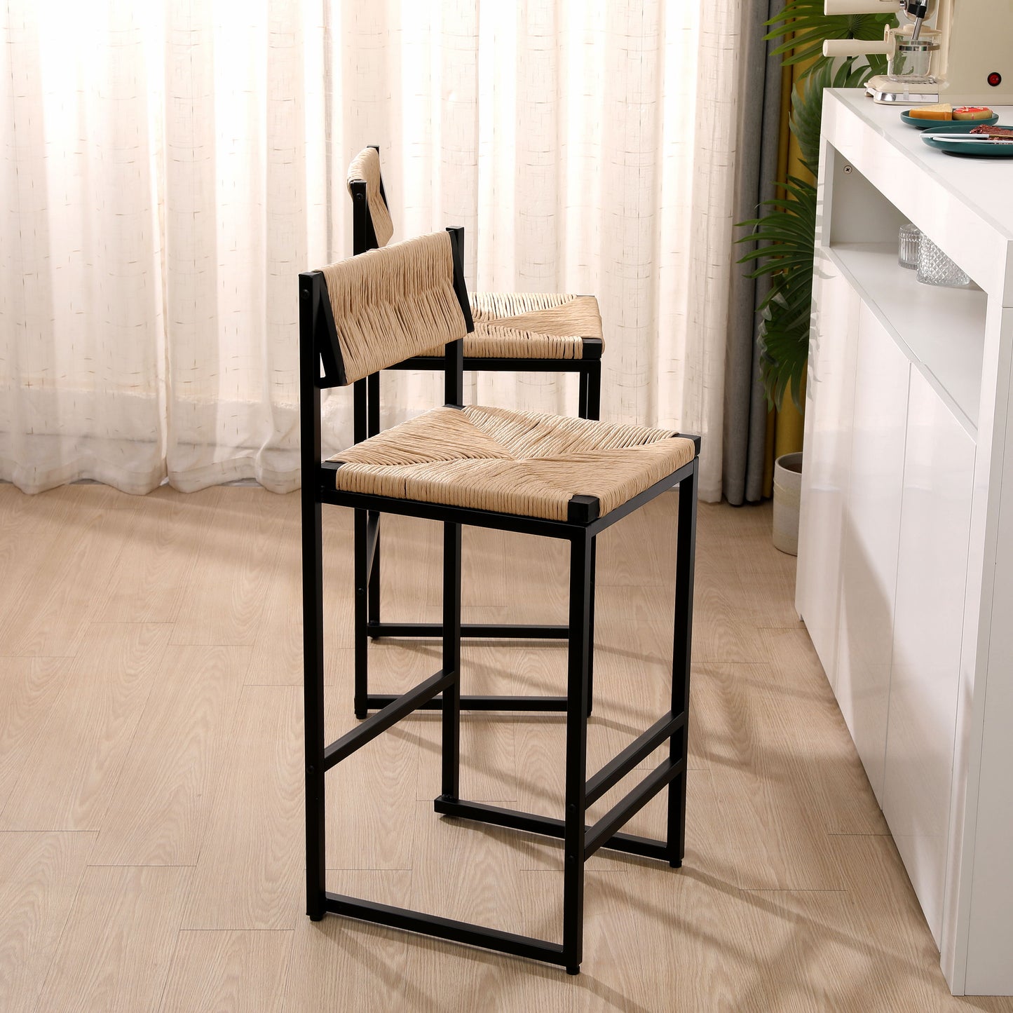 Bar Stools (Set of 2) Paper Rope Weave Dining Chairs With Back Hand Weave Stools For Kichen Island, Bar & Counter - Honey