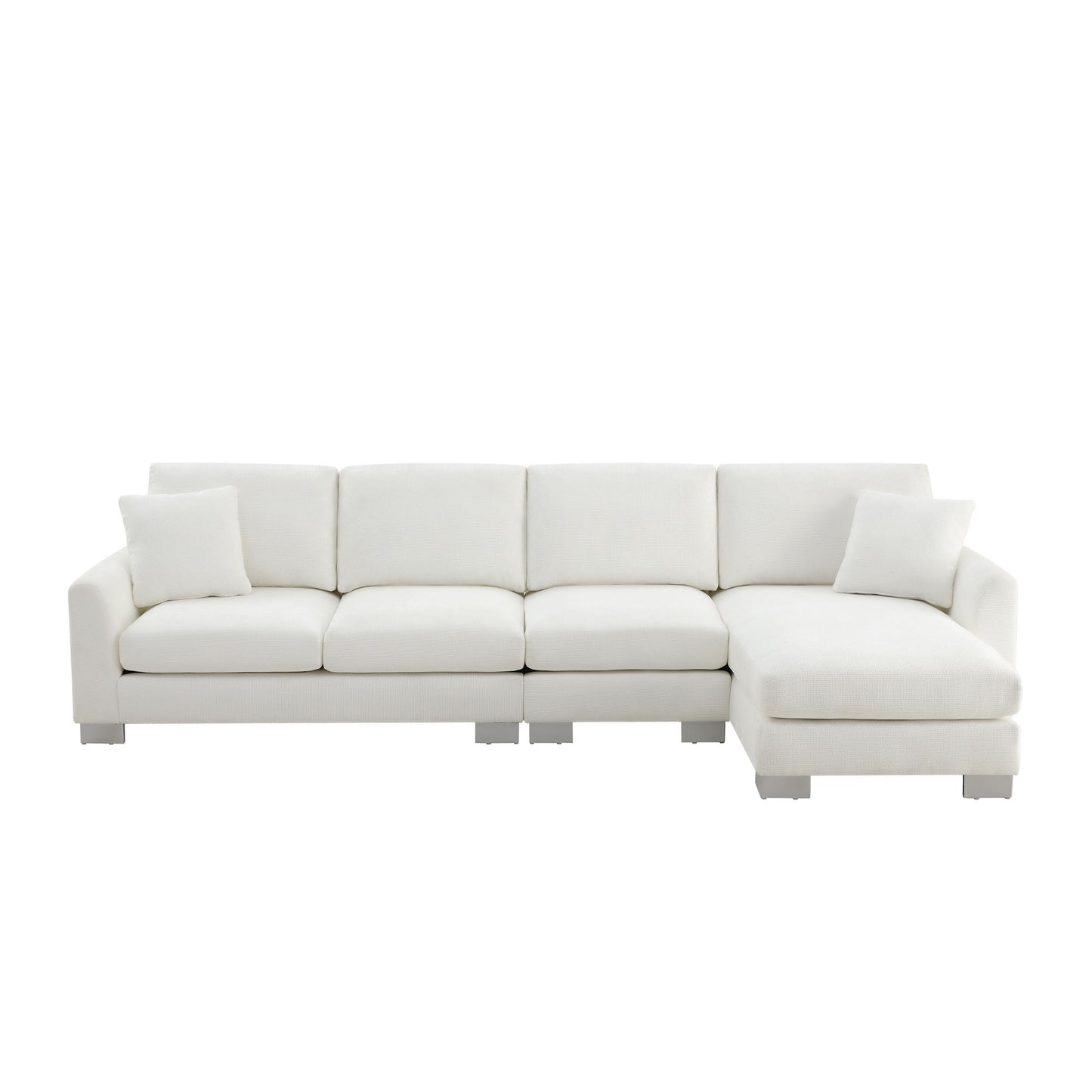 Modern Oversized Sectional Sofa, L-Shaped Luxury Couch Set With 2 Free Pillows, 5 Seat Chenille Indoor Furniture With Chaise - White